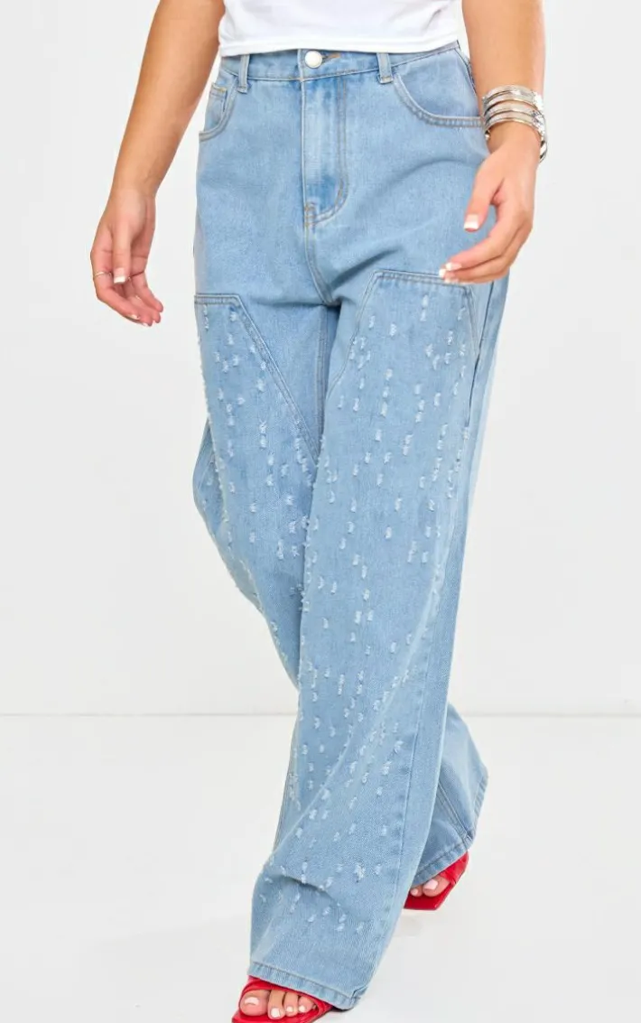 Light Blue Distressed Western Seam Detail Straight Leg Denim Jeans