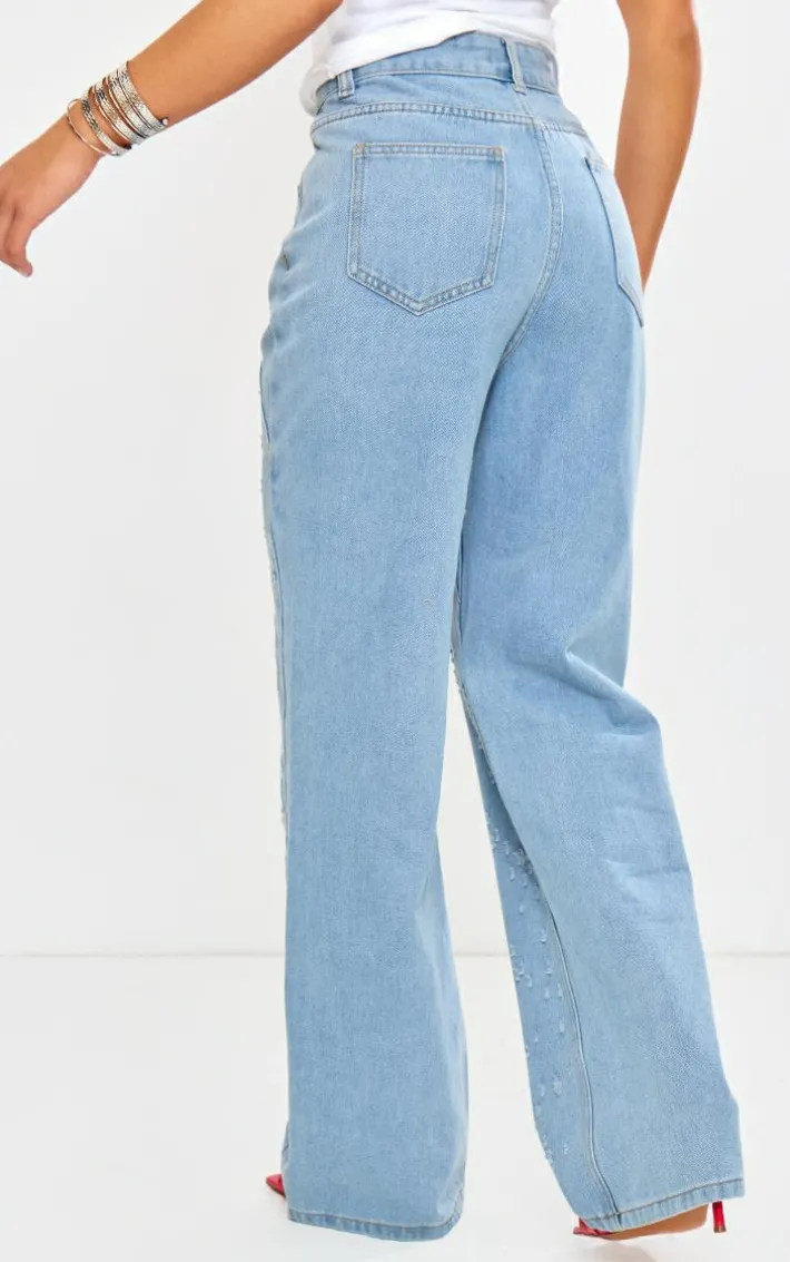 Light Blue Distressed Western Seam Detail Straight Leg Denim Jeans