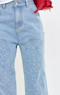 Light Blue Distressed Western Seam Detail Straight Leg Denim Jeans