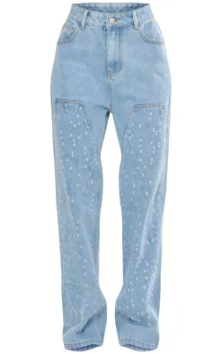Light Blue Distressed Western Seam Detail Straight Leg Denim Jeans