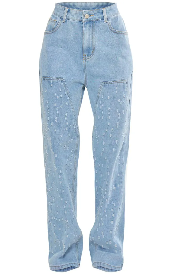 Light Blue Distressed Western Seam Detail Straight Leg Denim Jeans