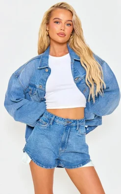 Light Blue Exposed Pocket Denim Shorts