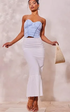 Light Blue Exposed Seam Stitch Detail Woven Pleated Crop Corset Top