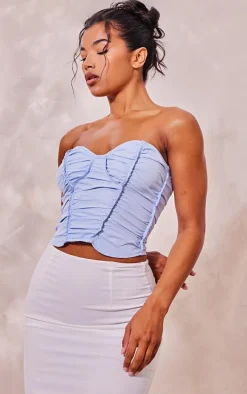 Light Blue Exposed Seam Stitch Detail Woven Pleated Crop Corset Top