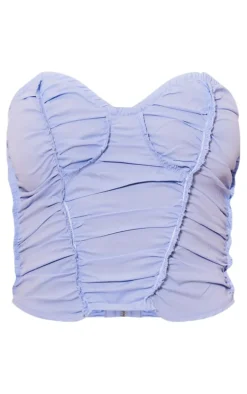 Light Blue Exposed Seam Stitch Detail Woven Pleated Crop Corset Top