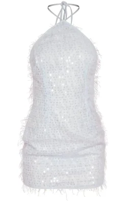 Light Blue Eyelash Glitter Knit Look Sequin Detail Halteneck Shift Dress