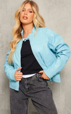 Light Blue Faux Leather Minimalist Racer Jacket