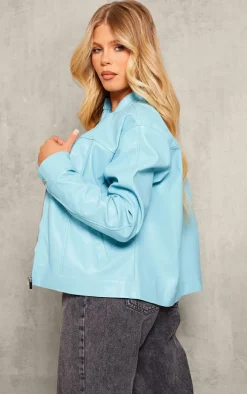Light Blue Faux Leather Minimalist Racer Jacket