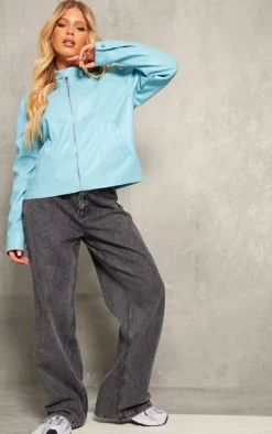 Light Blue Faux Leather Minimalist Racer Jacket