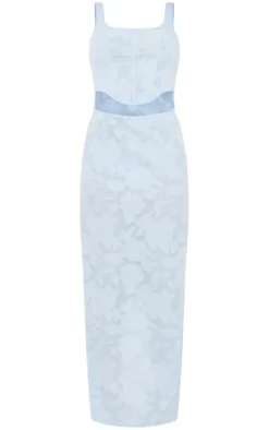 Light Blue Floral Burn Out Corset Cut Out Maxi Dress