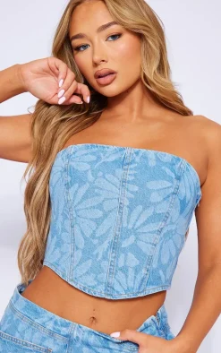 Light Blue Flower Print Dipped Hem Denim Corset