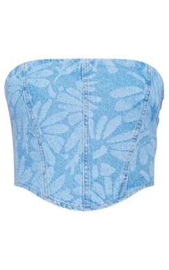 Light Blue Flower Print Dipped Hem Denim Corset
