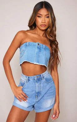 Light Blue Jean Detail Raw Hem Denim Bandeau Top