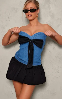 Light Blue Oversized Bow Bandeau Denim Top