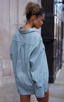 Light Blue Oversized Pinstripe Cuff Shirt