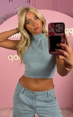 Light Blue Pinstripe Halterneck Denim Top