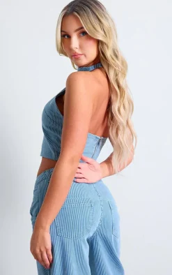 Light Blue Pinstripe Halterneck Denim Top