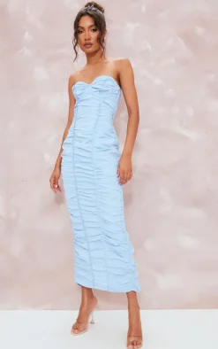 Light Blue Ruched Underwired Strappy Back Midaxi Dress