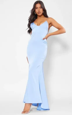 Light Blue Satin V Neck Maxi Dress