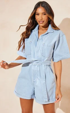 Light Blue Turn Up Hem Oversized Tie Waist Denim Romper