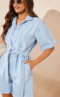Light Blue Turn Up Hem Oversized Tie Waist Denim Romper