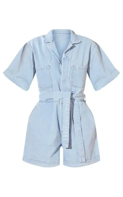 Light Blue Turn Up Hem Oversized Tie Waist Denim Romper