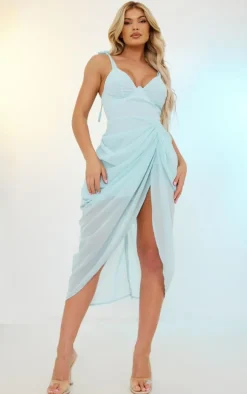 Light Blue Underwire Detail Draped Midi Dress