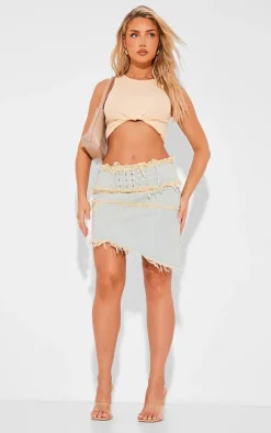 Light Blue Vintage Wash Freyed Hem Detail Asymteric Belted Mini Skirt
