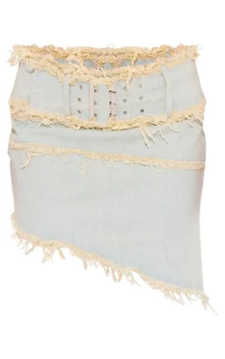 Light Blue Vintage Wash Freyed Hem Detail Asymteric Belted Mini Skirt