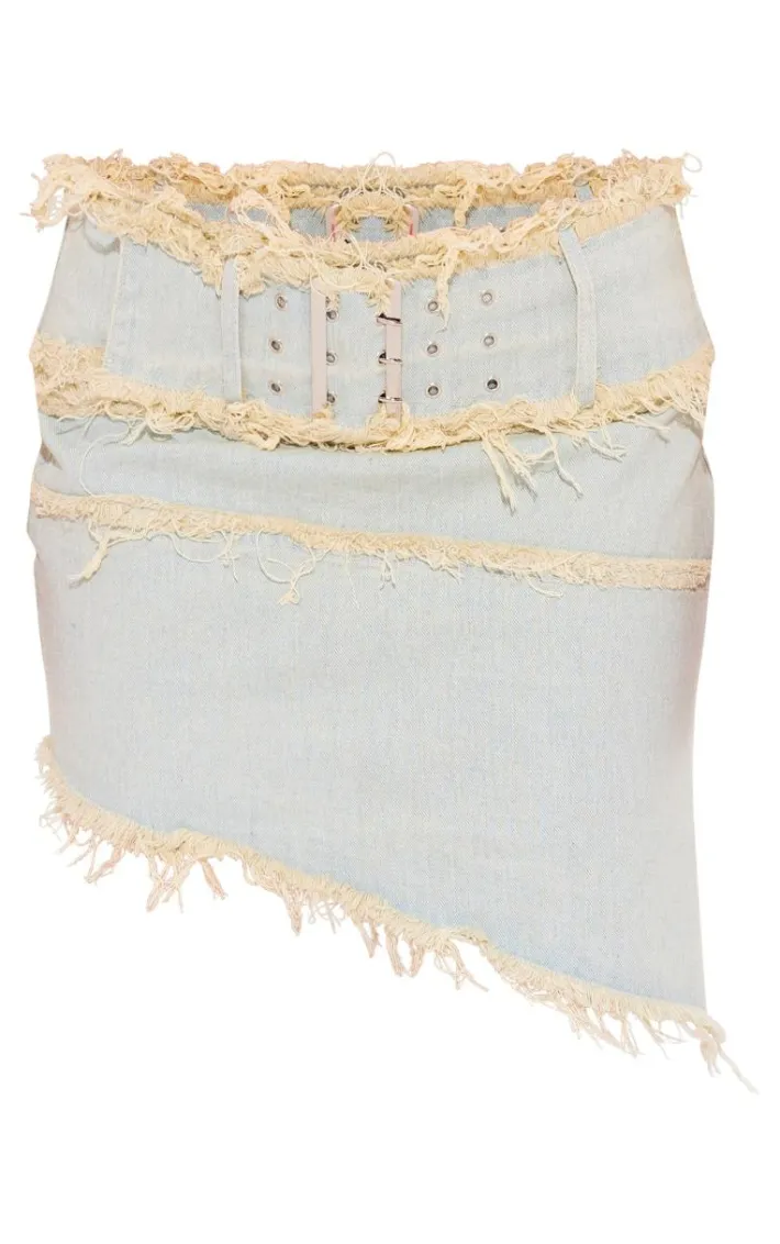 Light Blue Vintage Wash Freyed Hem Detail Asymteric Belted Mini Skirt
