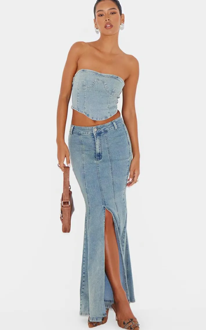 Light Blue Vintage Wash Seam Detail Split Maxi Skirt