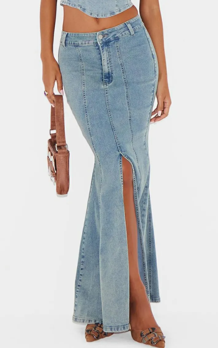 Light Blue Vintage Wash Seam Detail Split Maxi Skirt