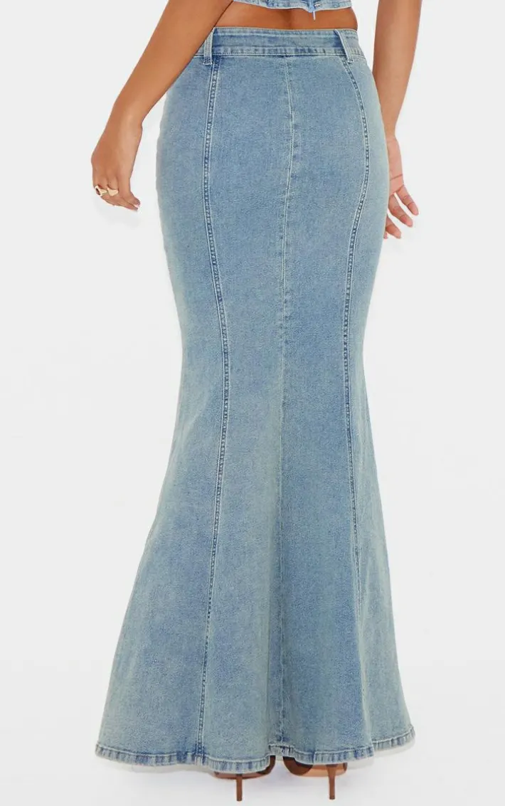 Light Blue Vintage Wash Seam Detail Split Maxi Skirt