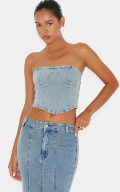 Light Blue Vintage Wash Seam Detail Split Maxi Skirt