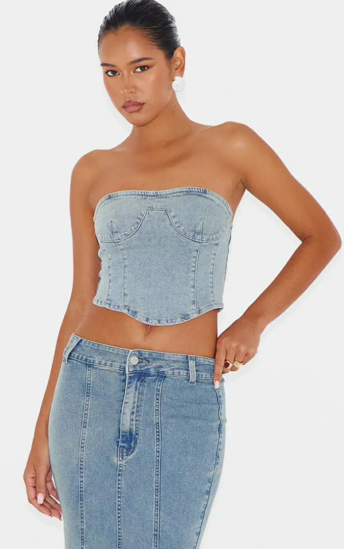 Light Blue Vintage Wash Seam Detail Split Maxi Skirt