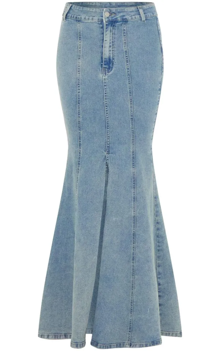 Light Blue Vintage Wash Seam Detail Split Maxi Skirt