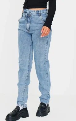 Light Blue Wash Asymmetric Waistband Long Straight Leg Jeans