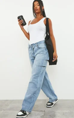 Light Blue Wash Asymmetric Waistband Baggy Low Rise Thigh Split Boyfriend Jeans