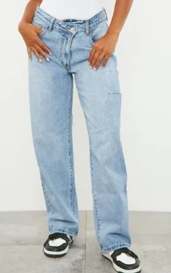 Light Blue Wash Asymmetric Waistband Baggy Low Rise Thigh Split Boyfriend Jeans