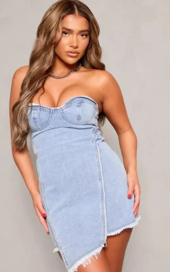 Light Blue Wash Asymmetric Zip Detail Denim Mini Dress