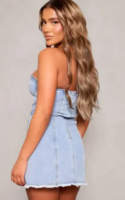 Light Blue Wash Asymmetric Zip Detail Denim Mini Dress