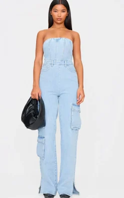 Light Blue Wash Cargo Pocket Bandeau Denim Jumpsuit