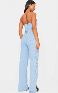 Light Blue Wash Cargo Pocket Bandeau Denim Jumpsuit