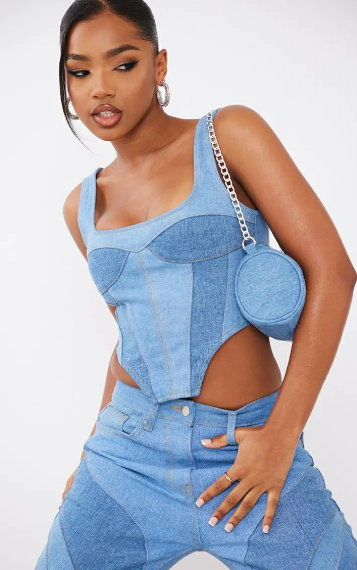 Light Blue Wash Contrast Dipped Hem Denim Top