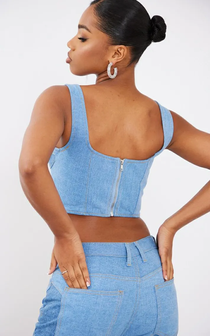 Light Blue Wash Contrast Dipped Hem Denim Top