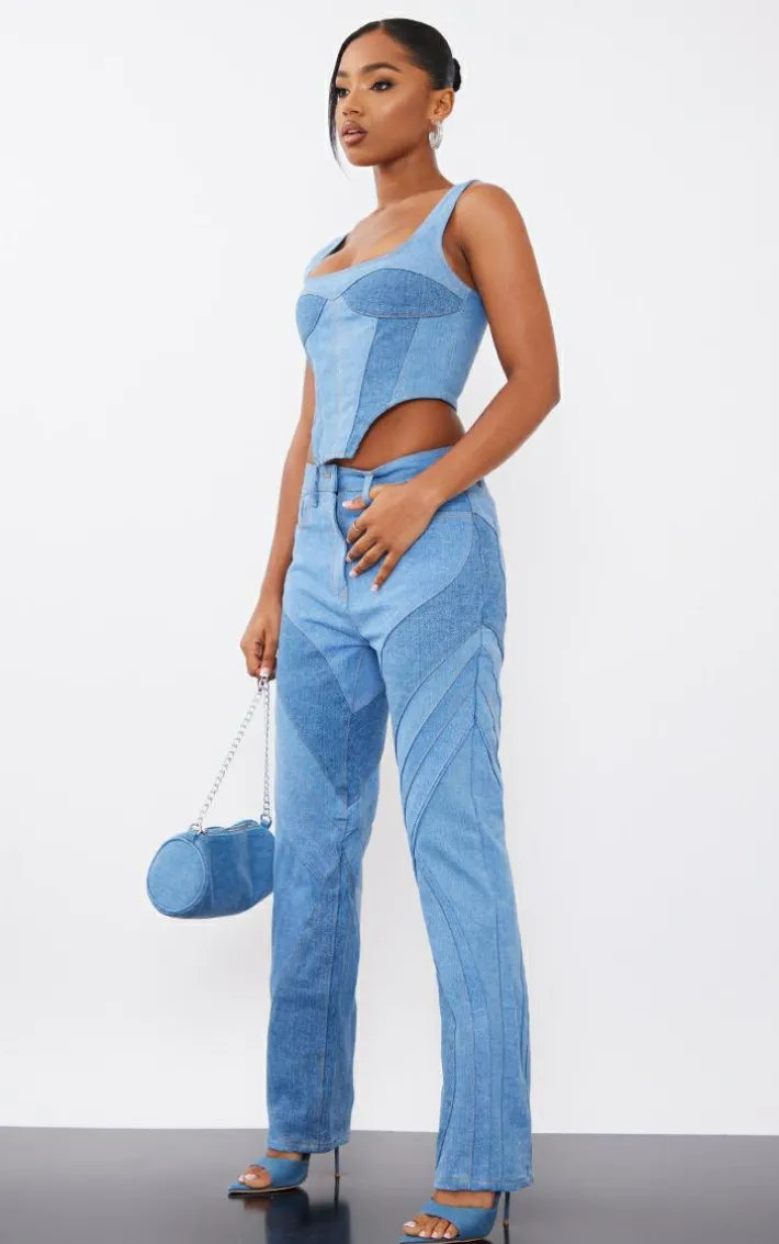 Light Blue Wash Contrast Dipped Hem Denim Top
