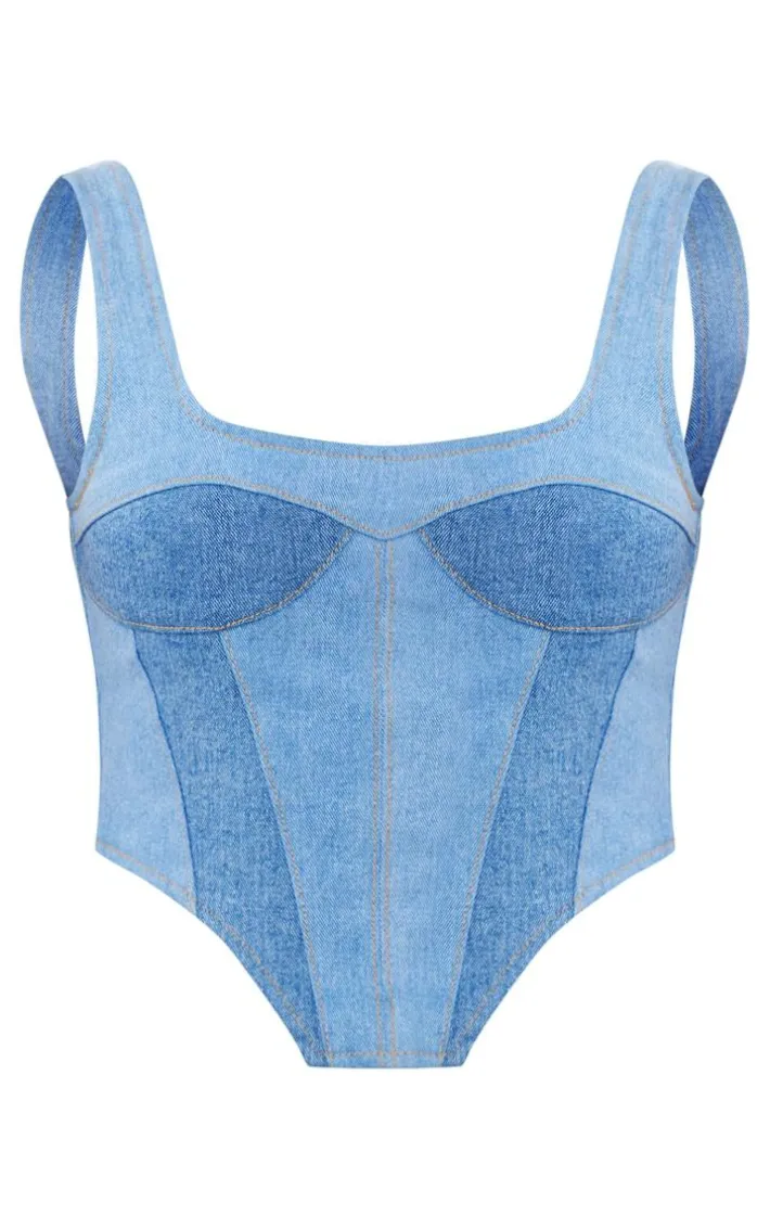 Light Blue Wash Contrast Dipped Hem Denim Top