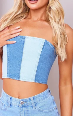 Light Blue Wash Contrast Panelled Denim Bandeau Top