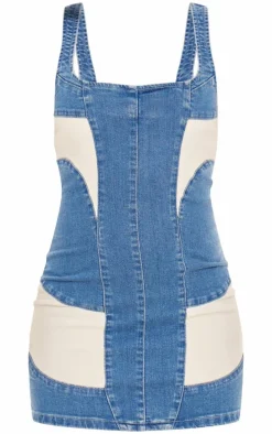 Light Blue Wash Contrast Panel Detail Bodycon Denim Dress