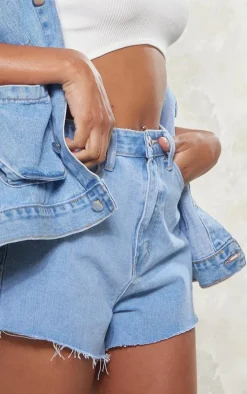 Light Blue Wash Denim Raw Hem Hot Pants